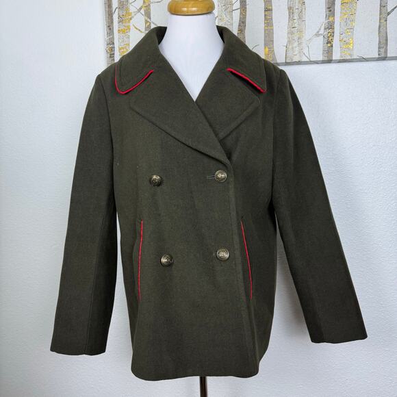 NWOT Express Military Double Breasted Pea Coat Jacket Olive Green Red Large - Picture 1 of 8